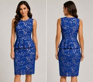Cache Blue Peplum Lace Event Dress New Nude Lining Stretch Body Shape NWT $198 8